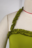 Olive Green Sexy Solid Color Backless Stringy Selvedge Tassel Halter Irregular Plus Size Dresses