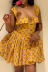 Yellow Sexy Print Patchwork Spaghetti Strap Mini Dresses