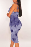 Purple Sexy Polka Dot Flowers Print Contrast V Neck Printed Dresses