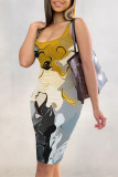 Multicolor Sexy Geometric Print Flowers Contrast U Neck Printed Dresses