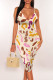 Apricot Sexy Floral Print Contrast V Neck Printed Dresses