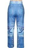 Blue Casual Print Patchwork Regular Mid Waist Full Print Bottoms