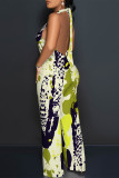 White Casual Geometric Print Pocket Lace Up Backless Halter Loose Jumpsuits