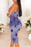 Purple Sexy Polka Dot Flowers Print Contrast V Neck Printed Dresses