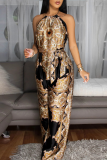 Brown Sexy Print Backless Strap Design Halter Loose Jumpsuits