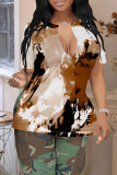 Khaki Casual Geometric Print Contrast V Neck T-Shirts