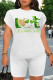 White Casual Letter Print Cartoon Four Leaf Clover O Neck Short Sleeve Two Pieces