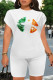 Green Orange Casual Letter Print Cartoon Four Leaf Clover O Neck Short Sleeve Two Pieces