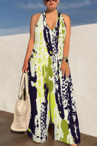 Light Green Casual Geometric Print Pocket Lace Up Backless Halter Loose Jumpsuits