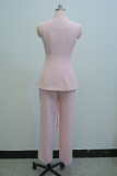 Pink Casual Solid Color Pocket Strap Design Flower Shape V Neck Sleeveless Two Pieces