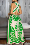 Green Casual Print Backless Strap Design V Neck Long Dresses