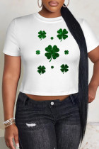 Green White Casual Print Four Leaf Clover Shamrock Contrast O Neck T-Shirts