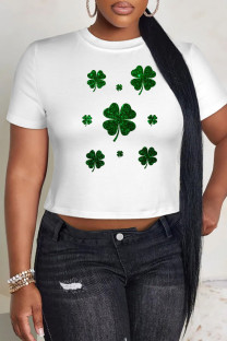 Green White Casual Print Four Leaf Clover Shamrock Contrast O Neck T-Shirts
