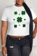 Green White Casual Print Four Leaf Clover Shamrock Contrast O Neck T-Shirts