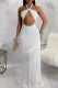 White Sexy Solid Color Fringed Trim Hollow Out Halter Long Dresses