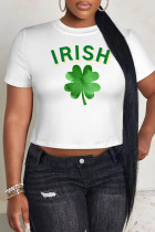 Green Yellow Casual Print Four Leaf Clover Shamrock Contrast O Neck T-Shirts