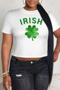 Green Yellow Casual Print Four Leaf Clover Shamrock Contrast O Neck T-Shirts