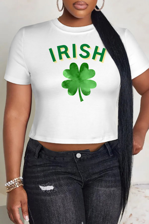 Green Yellow Casual Print Four Leaf Clover Shamrock Contrast O Neck T-Shirts