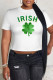 Green Yellow Casual Print Four Leaf Clover Shamrock Contrast O Neck T-Shirts