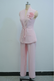 Pink Casual Solid Color Pocket Strap Design Flower Shape V Neck Sleeveless Two Pieces