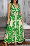 Green Casual Print Backless Strap Design V Neck Long Dresses