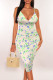 Apricot Sexy Polka Dot Flowers Print Contrast V Neck Printed Dresses
