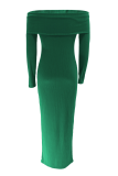 Green Elegant Solid Color Off Shoulder Long Dresses