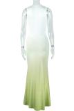 Green Elegant Gradient Color Ruched Deep V Neck Long Dresses