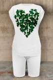 Multicolor Casual Letter Print Cartoon Four Leaf Clover O Neck Short Sleeve Two Pieces