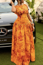 Orange Yellow Elegant Print Zipper O Neck Long Dresses