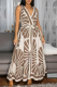 Apricot Casual Print Backless Strap Design V Neck Long Dresses