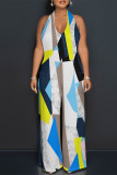 White Casual Geometric Print Pocket Lace Up Backless Halter Loose Jumpsuits
