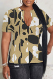 Khaki Casual Geometric Print Contrast V Neck T-Shirts