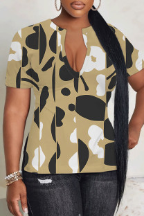 Khaki Casual Geometric Print Contrast V Neck T-Shirts