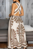 Green Casual Print Backless Strap Design V Neck Long Dresses