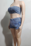 Blue Sexy Solid Color Pocket Zipper Strapless Sleeveless Two Pieces