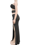 Red Sexy Solid Color Hollow Out Metal Accessories Trim High Slit Strapless Long Dresses