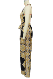 Brown Sexy Print Backless Strap Design Halter Loose Jumpsuits