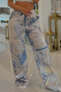 Light Blue Casual Print Draw String Loose Mid Waist Conventional Full Print Bottoms