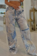 Light Blue Casual Print Draw String Loose Mid Waist Conventional Full Print Bottoms