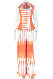 Orange Casual Tie Dye Backless Halter Sleeveless Two Pieces