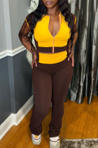 Brown Yellow Casual Zipper Contrast Zipper Collar Short Sleeve Two Pieces