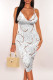 White Sexy Polka Dot Flowers Print Contrast V Neck Printed Dresses