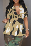 Khaki Casual Geometric Print Contrast V Neck T-Shirts