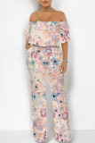 Light Pink Sexy Floral Print Pocket Flounce Off Shoulder Loose Jumpsuits