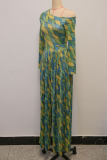Green Casual Print Pleated Oblique Collar Long Sleeve Two Pieces