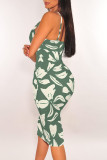Green Sexy Floral Print Contrast V Neck Printed Dresses