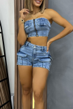 Blue Sexy Solid Color Pocket Zipper Strapless Sleeveless Two Pieces