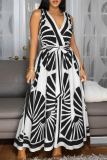 Green Casual Print Backless Strap Design V Neck Long Dresses