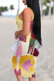 Multicolor Sexy Geometric Print Flowers Contrast U Neck Printed Dresses